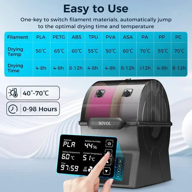 Alt view image 4 of 7 - Filament Dryer, SH02 Dry Box Filament Sealed Storage Box 3D Printer Spool Holder with PTC Heater, Filament Dehydrator with Touch Screen, One Key Set, Compatible with PLA PETG TPU ABS 1.75/2.85mm