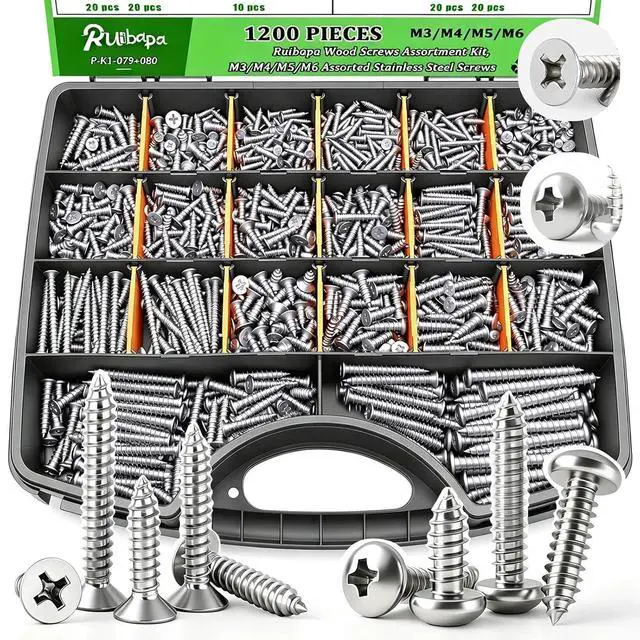 Main image of 1200 PCS Stainless Steel Wood Screws Assortment Kit,Self Tapping Screws M3/M4/M5/M6 Screws Assortment Kit,1200Pcs(605pcs Round Head & 595pcs Flat Head) Sheet Metal Screws Assorted