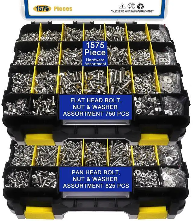 Main image of 1575 PCS Nuts and Bolts Assortment Kit, Stainless Steel Phillips Pan Head & Flat Head Screws, Assorted Nuts Bolts Washers with Double Sided Organizer Box