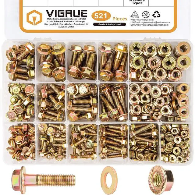 Main image of 521PCS M6 M8 M10 Flange Bolts Assortment Kit Metric Class 8.8 Serrated Hex Cap Flange Hex Bolts Flange Nuts Assorted Set, Coarse Full and Half Threads