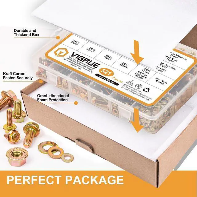 Alt view image 2 of 6 - 521PCS M6 M8 M10 Flange Bolts Assortment Kit Metric Class 8.8 Serrated Hex Cap Flange Hex Bolts Flange Nuts Assorted Set, Coarse Full and Half Threads