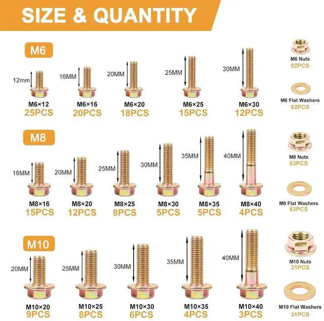 Alt view image 6 of 6 - 521PCS M6 M8 M10 Flange Bolts Assortment Kit Metric Class 8.8 Serrated Hex Cap Flange Hex Bolts Flange Nuts Assorted Set, Coarse Full and Half Threads