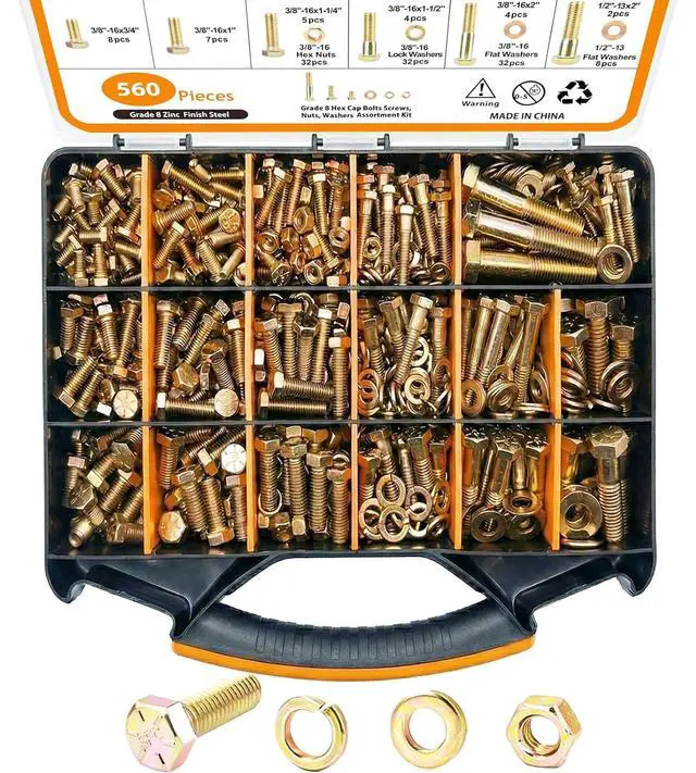 Main image of 560PCS Grade 8 Nuts and Bolts Assortment Kit with Handy Box, 1/4-20, 5/16-18, 3/8-16, 1/2-13 High Quality SAE Bolt Assortment Kit, Heady Duty Grade 8 Alloy Steel with Yellow Zinc Plated