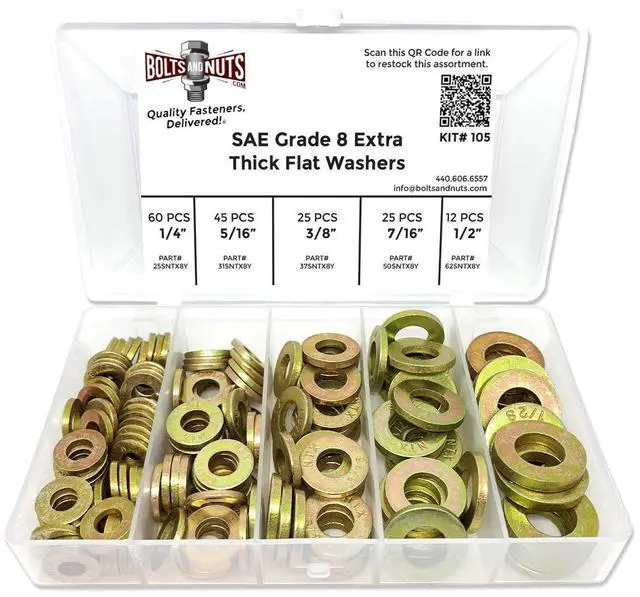 Main image of 1/4" 5/16" 3/8" 7/16" 1/2" Grade 8 SAE Extra Thick Flat Washer Assortment Kit - 168 Pieces!