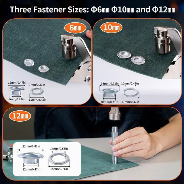 Alt view image 4 of 7 - 808Pcs Grommet Tool Kit, Rotary Lock 3-in-1 Eyelet Setting Pliers - 1/2" 1/4" 3/8" Grommet Kit with 800Pcs Grommets for Fabric, Leather, Belt, Shoes, Clothes