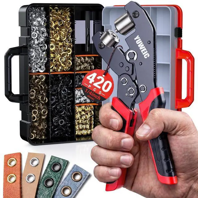Main image of Grommet Tool Kit with 1/4" Punch Self-Locking Eyelet Tool with 420PCS Grommets (Silver, Gold, Black, Copper) Includes Washers and Carrying Case for PVC, Canvas, Leather