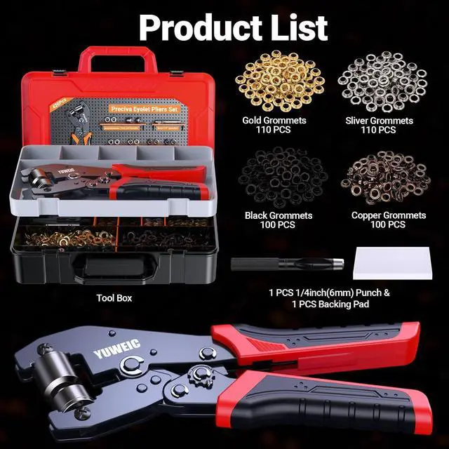 Alt view image 2 of 7 - Grommet Tool Kit with 1/4" Punch Self-Locking Eyelet Tool with 420PCS Grommets (Silver, Gold, Black, Copper) Includes Washers and Carrying Case for PVC, Canvas, Leather