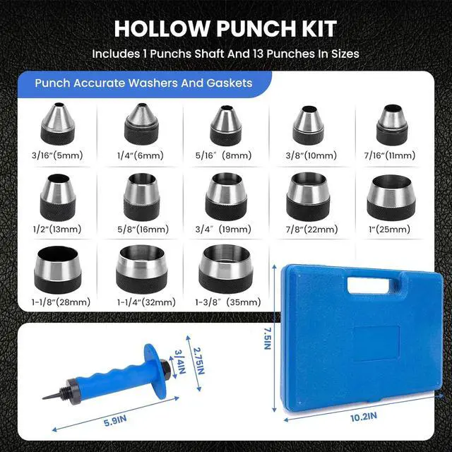 Alt view image 2 of 6 - Hollow Punch Set with Pin Point Punch Shaft, 3/16 to 1-3/8in