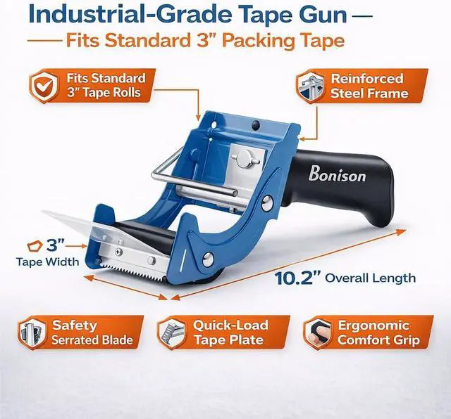 Alt view image 2 of 7 - 8 Pack Professional 3-Inch Tape Gun Dispenser, Heavy-Duty Packing Tape Dispenser for Shipping Boxes, Quick Reload, Works with Standard & Thick Tape, Ergonomic Handle for Warehouse, Moving & Office