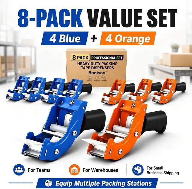 Alt view image 5 of 7 - 8 Pack Professional 3-Inch Tape Gun Dispenser, Heavy-Duty Packing Tape Dispenser for Shipping Boxes, Quick Reload, Works with Standard & Thick Tape, Ergonomic Handle for Warehouse, Moving & Office
