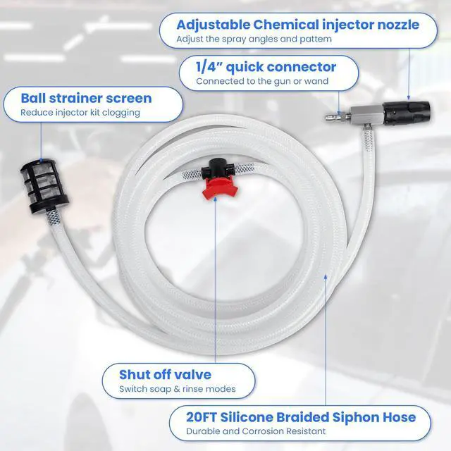 Alt view image 3 of 7 - T6 Adjustable Long-Range Nozzle for Pressure Washers, Downstream Injector Kit (44.5 GPM), External Chemical Injector, 1/4" Quick Connect, 25 FT Hose, Shut-Off Valve & Filter, 25004500 PSI
