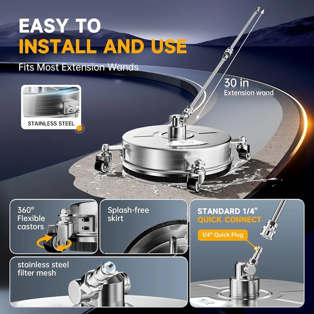 Alt view image 3 of 7 - 14" Stainless Steel Pressure Washer Surface Cleaner Attachment with 4 Wheels 4000 PSI, 2 Extension Wands, 1/4" Quick Connect for Concrete, Driveway, Patio & Sidewalk