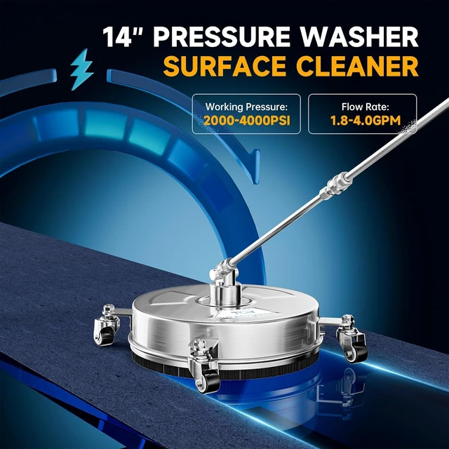 Alt view image 5 of 7 - 14" Stainless Steel Pressure Washer Surface Cleaner Attachment with 4 Wheels 4000 PSI, 2 Extension Wands, 1/4" Quick Connect for Concrete, Driveway, Patio & Sidewalk