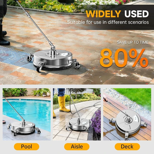 Alt view image 7 of 7 - 14" Stainless Steel Pressure Washer Surface Cleaner Attachment with 4 Wheels 4000 PSI, 2 Extension Wands, 1/4" Quick Connect for Concrete, Driveway, Patio & Sidewalk