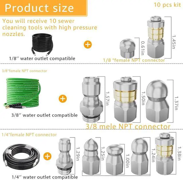 Alt view image 2 of 7 - Jetter Heads Kit, Rotating Button Drain Cleaning Nozzle Tips for Pressure Washer Sewer Jetter Kit - Pack of 10, 5000 PSI, Quick Connect