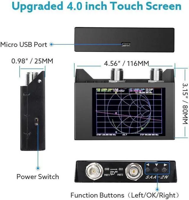 Alt view image 3 of 7 - NanoVNA SAA-2N VNA Antenna Analyzer, 50KHz -3GHz Vector Network Analyzer with Bag & Testboard Kit,4" inch LCD,HF VHF UHF Measuring S Parameters, Voltage Standing Wave Ratio Smith Chart