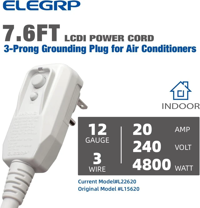 Alt view image 2 of 6 - L22620 12AWG Gray LCDI Power Cord Plug for A/C Air Conditioner E250451 UL Certified, 7.6FT Leakage Current Detection Interrupter Replacement, 240VAC 20Amp 4800W 60Hz NEMA 6-20P (1 Pack)
