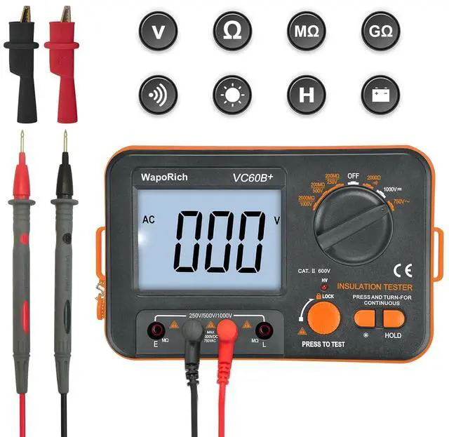Alt view image 2 of 7 - Megohmmeter Insulation Resistance Tester, 1999 Counts Megaohm Meter 200M~2K Megohm Megger with DC250/500/1000V AC750V Testing Voltage, Digital Multimeter Measure with Data Hold Backlit