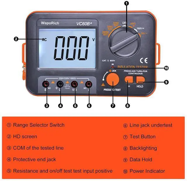 Alt view image 5 of 7 - Megohmmeter Insulation Resistance Tester, 1999 Counts Megaohm Meter 200M~2K Megohm Megger with DC250/500/1000V AC750V Testing Voltage, Digital Multimeter Measure with Data Hold Backlit