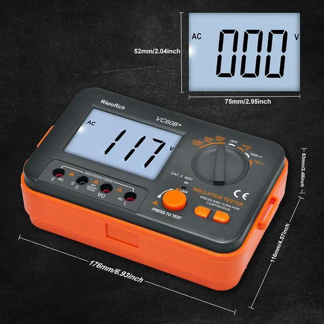 Alt view image 6 of 7 - Megohmmeter Insulation Resistance Tester, 1999 Counts Megaohm Meter 200M~2K Megohm Megger with DC250/500/1000V AC750V Testing Voltage, Digital Multimeter Measure with Data Hold Backlit