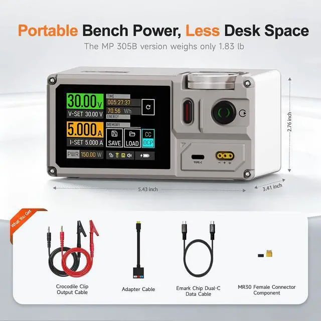 Alt view image 2 of 7 - Portable Bench Power Supply Variable, 30V 5A 150W Linear Regulated Programmable DC Powersupply with Built-in Battery, Touchscreen, USB-C PD and Universal Battery Charge MP305B