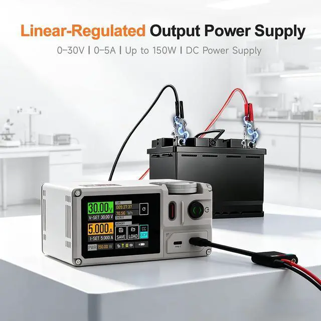 Alt view image 3 of 7 - Portable Bench Power Supply Variable, 30V 5A 150W Linear Regulated Programmable DC Powersupply with Built-in Battery, Touchscreen, USB-C PD and Universal Battery Charge MP305B