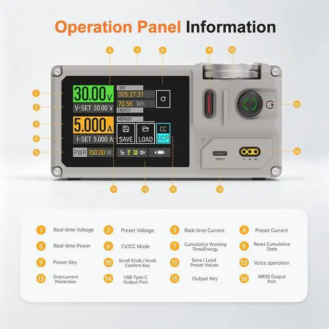 Alt view image 7 of 7 - Portable Bench Power Supply Variable, 30V 5A 150W Linear Regulated Programmable DC Powersupply with Built-in Battery, Touchscreen, USB-C PD and Universal Battery Charge MP305B