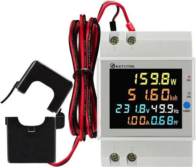 Main image of Power Meter Single Phase, 2 Channels, Energy Meter DIN Rail Electricity Usage Monitor with LCD, kWh Meter AC40-300V 100A, Ammeter Voltmeter with Split Core Current Transformer CT
