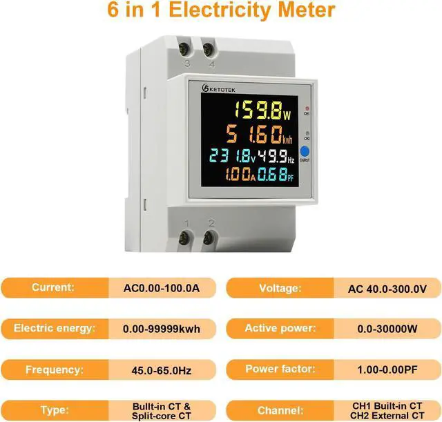 Alt view image 2 of 7 - Power Meter Single Phase, 2 Channels, Energy Meter DIN Rail Electricity Usage Monitor with LCD, kWh Meter AC40-300V 100A, Ammeter Voltmeter with Split Core Current Transformer CT