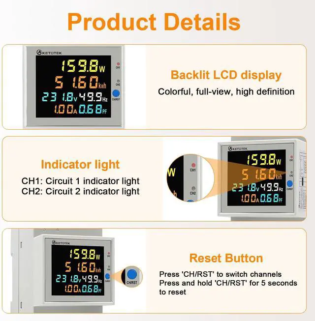 Alt view image 3 of 7 - Power Meter Single Phase, 2 Channels, Energy Meter DIN Rail Electricity Usage Monitor with LCD, kWh Meter AC40-300V 100A, Ammeter Voltmeter with Split Core Current Transformer CT