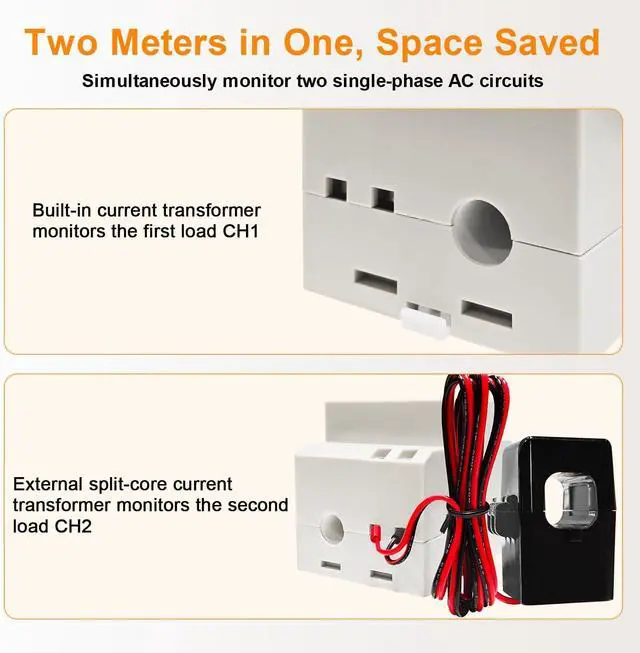 Alt view image 4 of 7 - Power Meter Single Phase, 2 Channels, Energy Meter DIN Rail Electricity Usage Monitor with LCD, kWh Meter AC40-300V 100A, Ammeter Voltmeter with Split Core Current Transformer CT