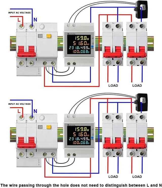 Alt view image 6 of 7 - Power Meter Single Phase, 2 Channels, Energy Meter DIN Rail Electricity Usage Monitor with LCD, kWh Meter AC40-300V 100A, Ammeter Voltmeter with Split Core Current Transformer CT