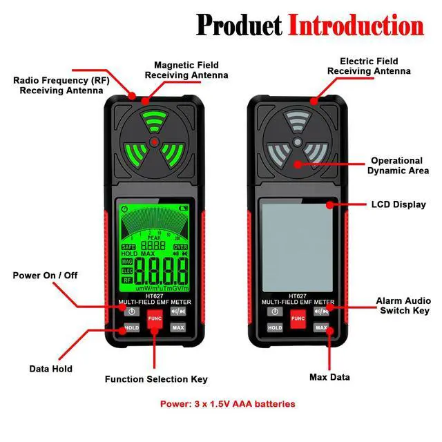 Alt view image 7 of 7 - EMF Meter, 3-in-1 Portable Electromagnetic Field Radiation Detector Handheld EMF Tester for EF, RF, MF, WiFi Signal, Radio Frequency Detector Suitable for Home Office EMF Inspections Ghost Hunting