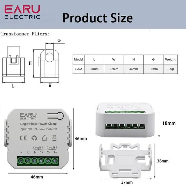 Alt view image 4 of 7 - AC110V 220V 120A Tuya App Smart Two-Way Bilateral WiFi Energy Meter with 2PCS 120A 16MM CT Current Transformers Clamps Sensors KWh Power Eenrgy Electricity Consumption Monitor Meter Voltmeter Ammeter