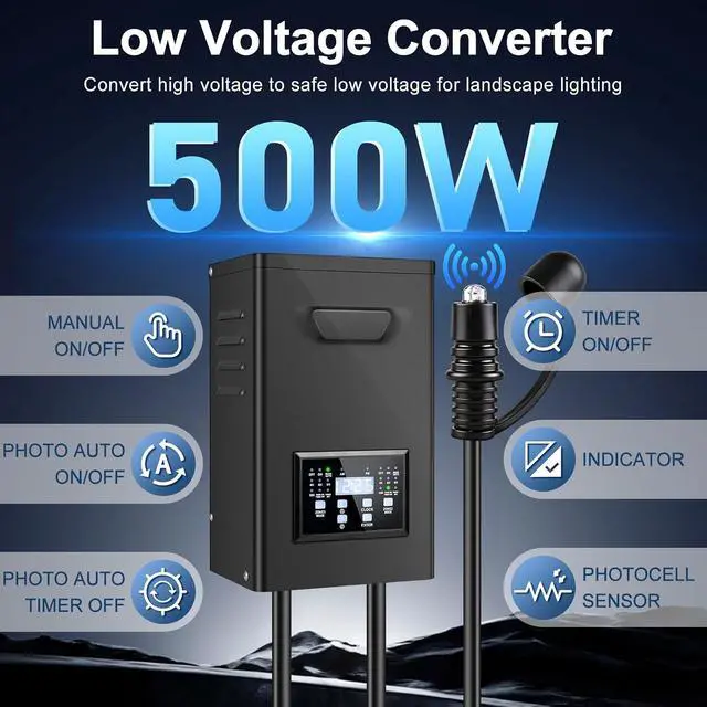 Alt view image 3 of 7 - 500W Low Voltage Landscape Transformer, 2 Zone Independent Control Landscape Lighting Transformer with Timer and photocell Sensor, 120V AC to 12V/14V AC Low Voltage Transformers for Landscape Lighting