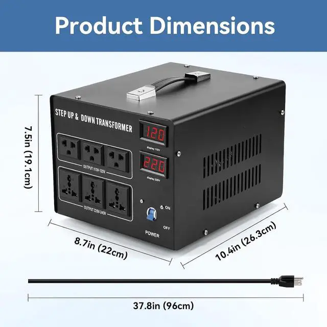 Alt view image 2 of 7 - 5000W Voltage Transformer Step Up/Down, 110V/220V Voltage Converter, Manual Rewiring Switch, Dual LCD Display, 6 Outlets, Resettable Circuit Breaker Protection for Home Industrial Overseas Use