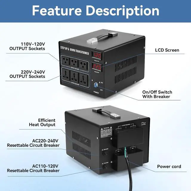 Alt view image 3 of 7 - 5000W Voltage Transformer Step Up/Down, 110V/220V Voltage Converter, Manual Rewiring Switch, Dual LCD Display, 6 Outlets, Resettable Circuit Breaker Protection for Home Industrial Overseas Use