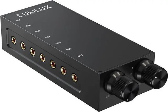 Main image of 3.5mm 6-in-1 Stereo Audio Switcher with Volume Control & Mute, 6 Input to 1 Output Audio Selector Box for Headphones, Speakers, Laptop, PC, Smartphone, and Tablet