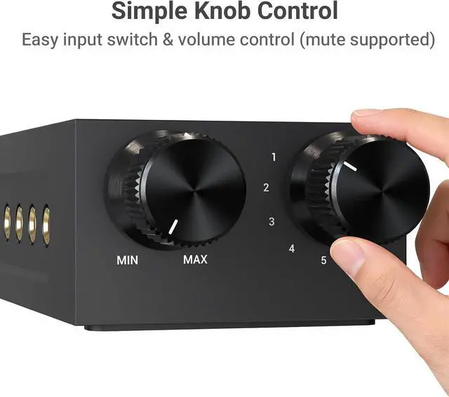 Alt view image 3 of 6 - 3.5mm 6-in-1 Stereo Audio Switcher with Volume Control & Mute, 6 Input to 1 Output Audio Selector Box for Headphones, Speakers, Laptop, PC, Smartphone, and Tablet