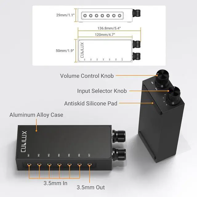 Alt view image 5 of 6 - 3.5mm 6-in-1 Stereo Audio Switcher with Volume Control & Mute, 6 Input to 1 Output Audio Selector Box for Headphones, Speakers, Laptop, PC, Smartphone, and Tablet