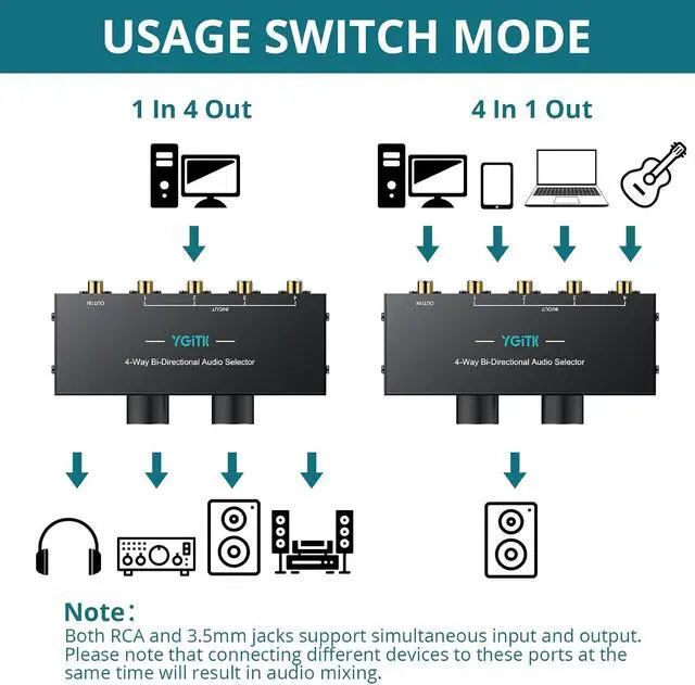 Alt view image 2 of 7 - 4-Way Stereo Audio Switcher 4-in-1/1-in-4-Out Bi-Directional for Speaker