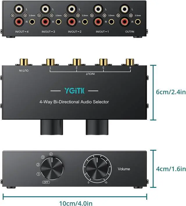 Alt view image 7 of 7 - 4-Way Stereo Audio Switcher 4-in-1/1-in-4-Out Bi-Directional for Speaker