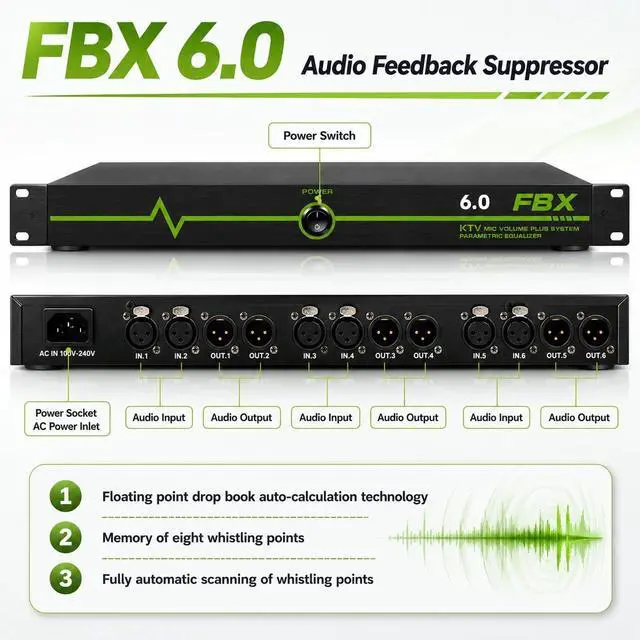 Alt view image 5 of 7 - Professional Feedback Suppressor, Feedback Eliminator, Microphone Anti-Howling Audio Processor for Performance Stage KTV Conference Music Room (6 in 6 out)