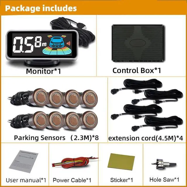 Alt view image 2 of 7 - Parktronic 8 Parking Sensors Kit Reverse Backup Radar System Rear and Front View with Sound Warning Ultrasonic Distance Detection for Car Vihicle