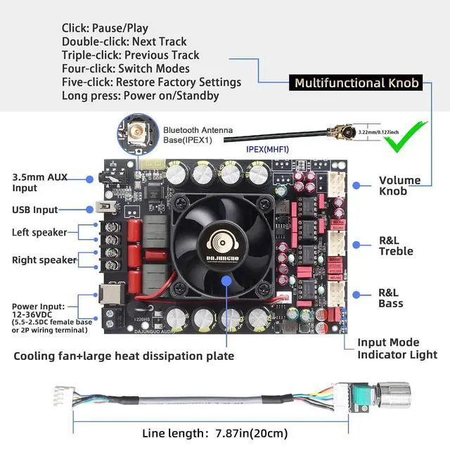 Alt view image 2 of 7 - T220HS-W Power Amplifier Board 2.0 Channel 220W×2 with Treble and Bass, 12V-36V Audio Power Amplifier Module with Front Panel