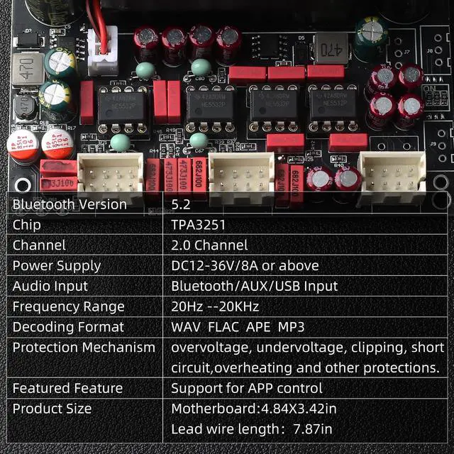 Alt view image 5 of 7 - T220HS-W Power Amplifier Board 2.0 Channel 220W×2 with Treble and Bass, 12V-36V Audio Power Amplifier Module with Front Panel
