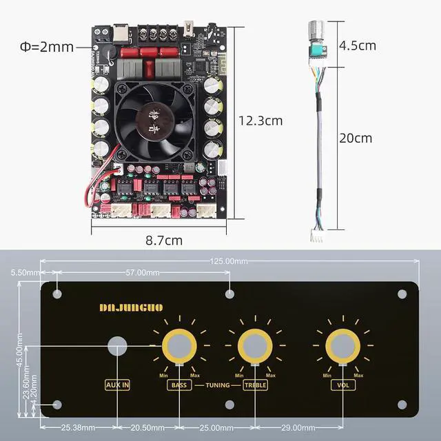 Alt view image 7 of 7 - T220HS-W Power Amplifier Board 2.0 Channel 220W×2 with Treble and Bass, 12V-36V Audio Power Amplifier Module with Front Panel