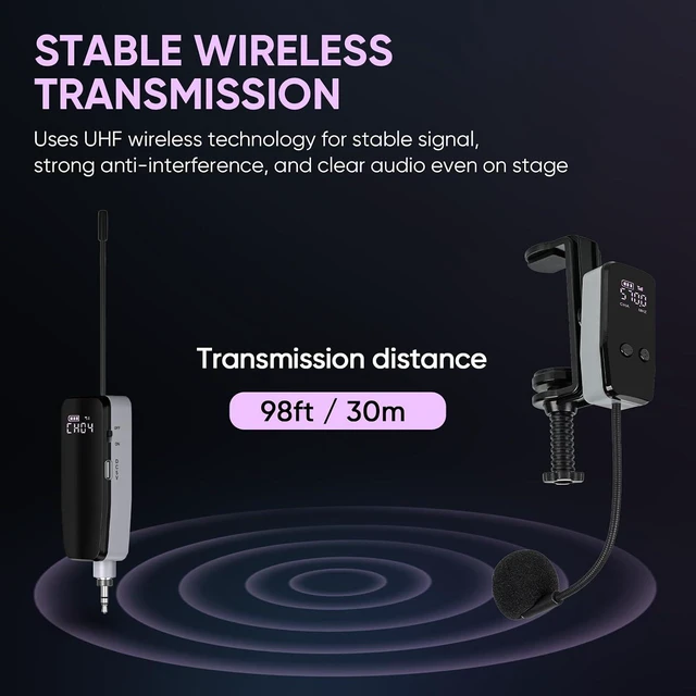 Alt view image 4 of 7 - UHF Wireless Violin Microphone System Rechargeable Clip-On Instrument Mics with Transmitter & Receiver for Musicians, Teachers, Stage & Active PA Systems, 98ft Range