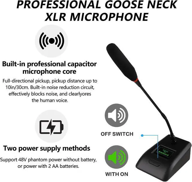 Alt view image 2 of 7 - Desktop Gooseneck Conference Microphone Wired with 48V Phantom. Table Mounted Corded Condenser XLR Microphone with 26ft XLR Male to Female Cable and 6.35mm Adapter Cable for Speake, Studio, Recording