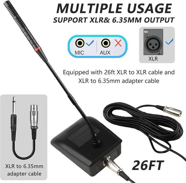 Alt view image 5 of 7 - Desktop Gooseneck Conference Microphone Wired with 48V Phantom. Table Mounted Corded Condenser XLR Microphone with 26ft XLR Male to Female Cable and 6.35mm Adapter Cable for Speake, Studio, Recording